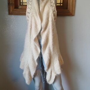 Cream Knit Open-Front Sweater, Womens M, Crochet Accents, Boho Y2K, Hippie